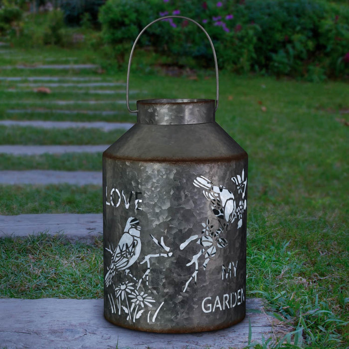 Solar Stamped Metal Bird and Flower Design Lantern Reads My Garden, 11.5 Inch