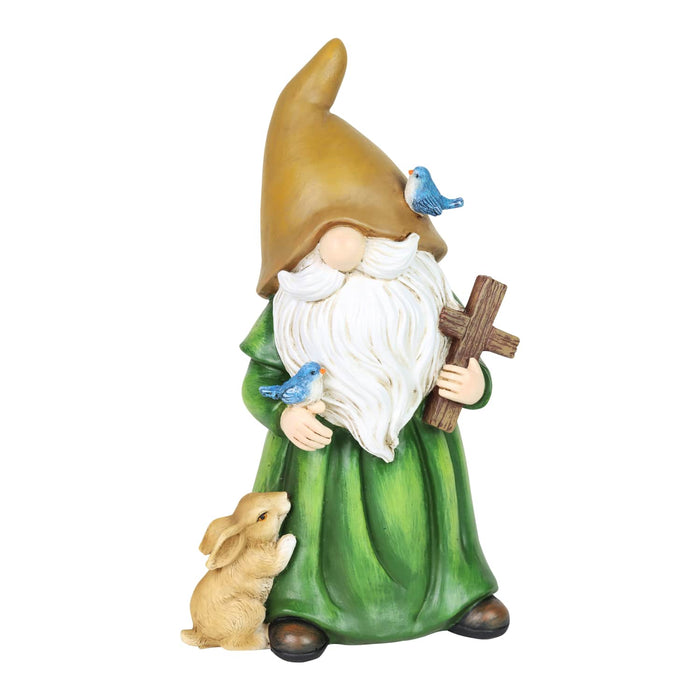 Garden Gnome Monk Statue with Cross and Woodland Creatures, 6 x 5 x 10.5 Inches
