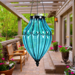 Solar Blue Glass Hanging Lantern with Waving Metal Pattern, 7.5 by 25 Inches | Shop Garden Decor by Exhart