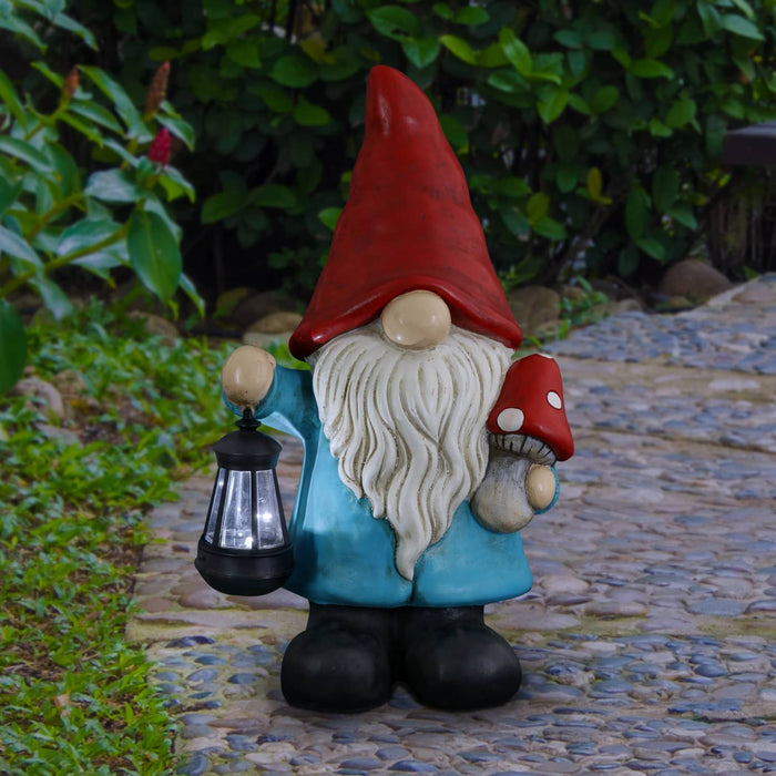 Garden Gnome With Solar Lantern and Mushroom Statuary, 11 by 19 Inches