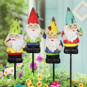 Colorful Mini Garden Gnome Pot Stake Set of Four, 2 by 9 Inches | Shop Garden Decor by Exhart