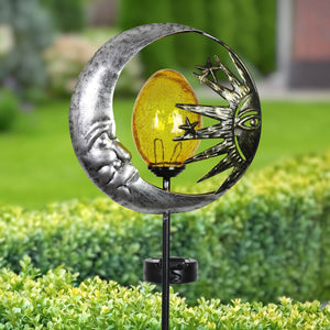 Solar Silver Sun and Moon Garden Stake with Amber Glass Center, 8 by 38 Inches | Shop Garden Decor by Exhart