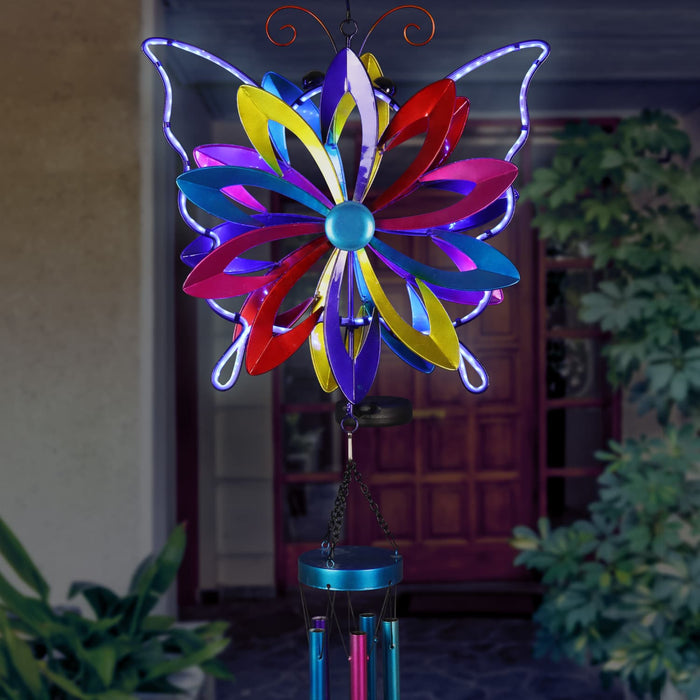 Solar Double Spinner Colorful Metal Butterfly Wind Chime, 14 by 42 Inches