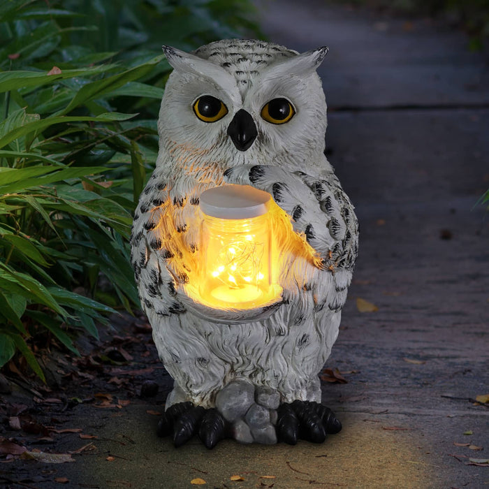 Solar Snow Owl Garden Statuary with LED Firefly Jar, 10 Inches tall