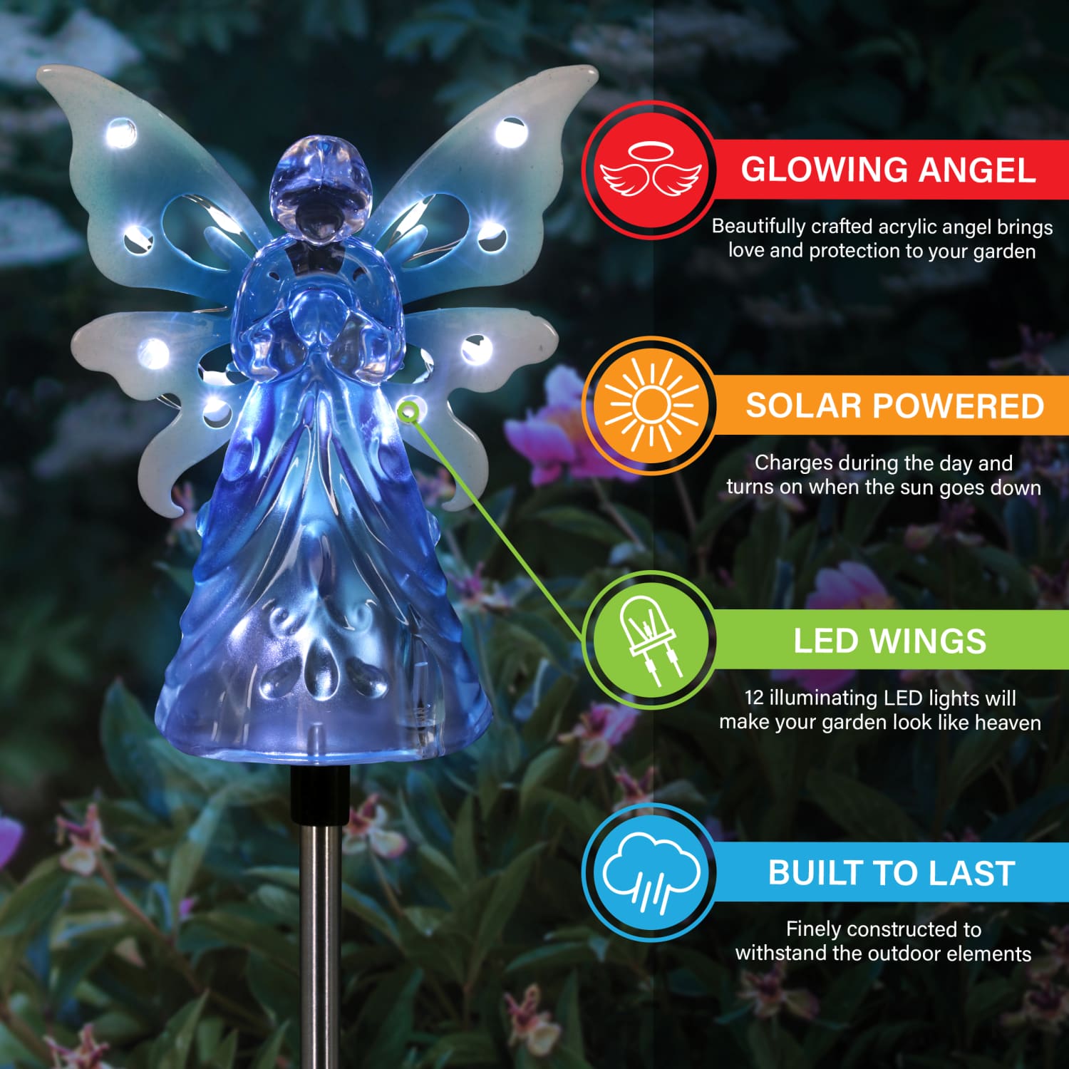 Solar Acrylic Angel with Wings and Twelve LED Lights Metal Garden Stake in Blue, 4 by 34 Inches | Shop Garden Decor by Exhart