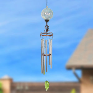 Solar Pearlized Light Blue Honeycomb Glass Ball Wind Chime with Metal Finial Detail, 5 by 46 Inches | Exhart