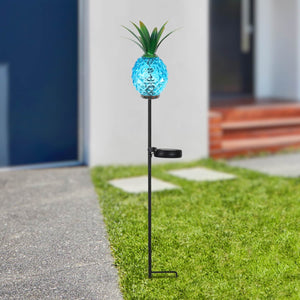 Solar Blue Textured Glass Pineapple Garden Stake With Hand Painted Metal Leaf Crown, 4 by 29 Inches | Exhart