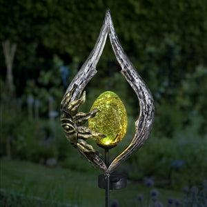 Sun on a Silver Teardrop Solar Garden Stake with Amber Glass Center, 8 by 38 Inches | Shop Garden Decor by Exhart