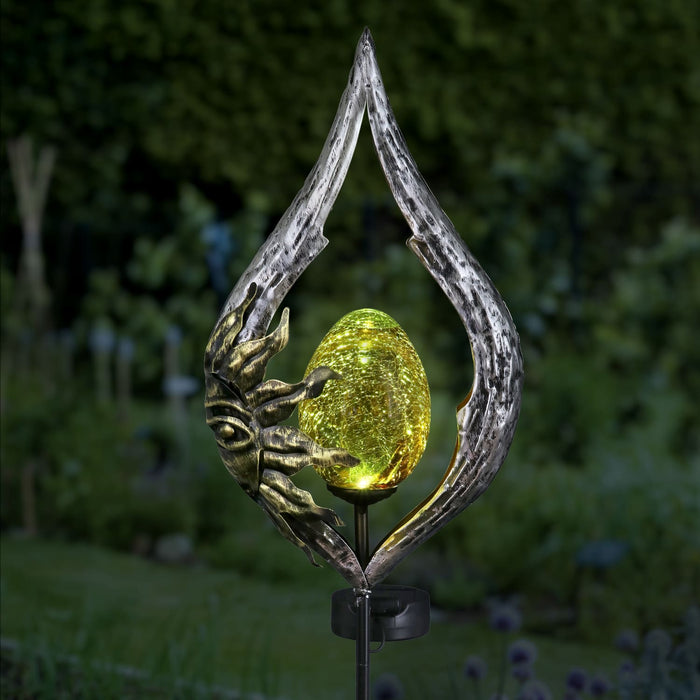 Sun on a Silver Teardrop Solar Garden Stake with Amber Glass Center, 8 by 38 Inches