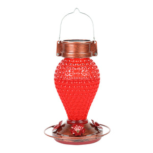 Solar Hanging Hummingbird Feeder with Illuminating Scarlet Glass, Bronze Metal Top and Base, 6.5 x 6.5 x 9.5 Inches | Exhart