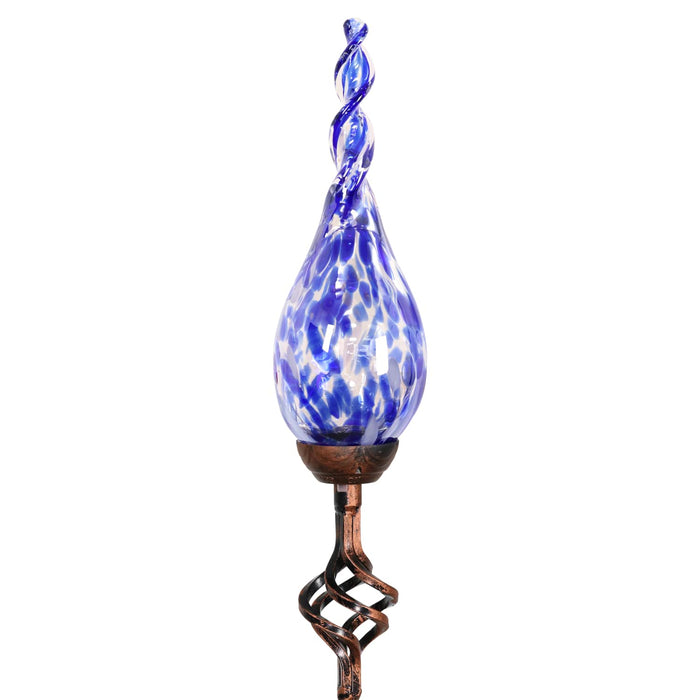 Solar Hand Blown Pearlized Blue Glass Twisted Flame Garden Stake with Finial, 36 Inch