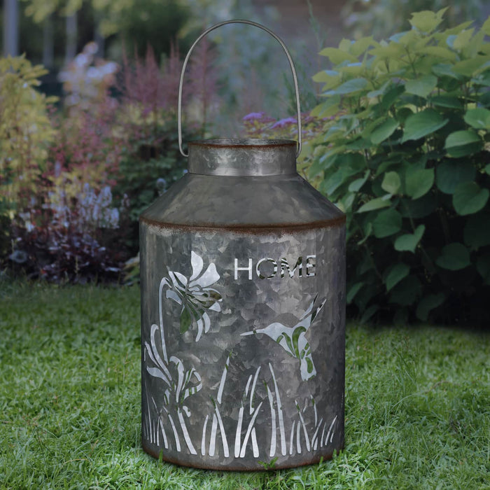 Solar Stamped Metal Hummingbird and Flower Design Lantern Reads Home, 11.5 Inch