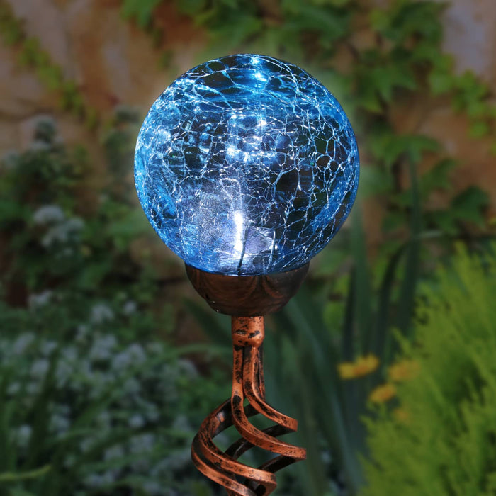 Solar Blue Crackle Glass Ball Garden Stake with Metal Finial Detail, 4 by 31 Inches