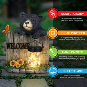Solar Hand Painted Bear Garden Statue with a Lantern Jar of LED Bumblebees by a Welcome Fence, 9.5 by 11 Inches | Exhart