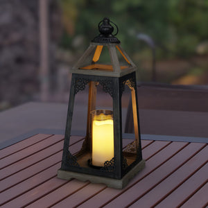 Antiqued Wood and Metal Candle Lantern  with LED Candle, 17 Inch | Shop Garden Decor by Exhart