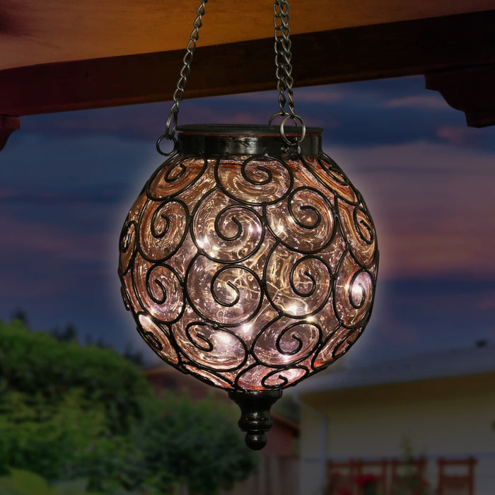 Solar Round Glass and Metal Hanging Lantern in Amber with 15 Cool White LED Firefly String Lights, 7 by 21 Inches