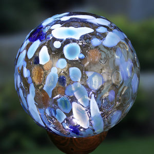 Solar Pearlized Honeycomb Glass Ball Garden Stake with Metal Finial in Light Blue, 4 by 31 Inches | Exhart