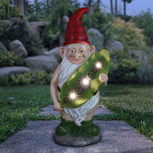 Good Time Naked Nolan Gnome Statue with Solar Welcome Leaf, 14 Inches | Shop Garden Decor by Exhart