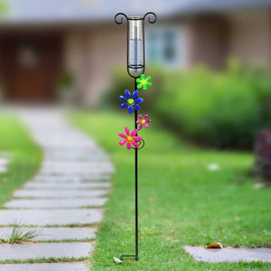 Glass and Metal Rain Gauge Garden Stake with Multicolored Hand Painted Pink, Blue, Purple and Green Flowers, 42 Inches | Exhart