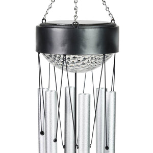 Solar Silver Wind Chime with Black Detailed Top and Round Dangling Charm, 5 x 5x 33.5 Inches | Shop Garden Decor by Exhart