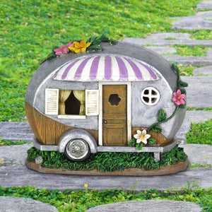 Solar Hand Painted Camping Trailer Statue with Lavender Awning, 5 by 6.5 Inches | Shop Garden Decor by Exhart