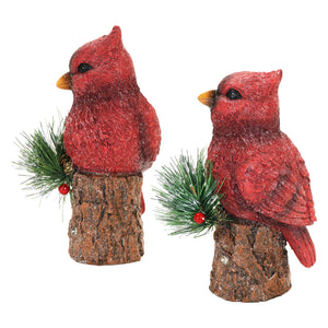 Two Piece Hand Painted Christmas Cardinal Statues with LED lights on a Battery Powered Timer, 8 Inch | Exhart