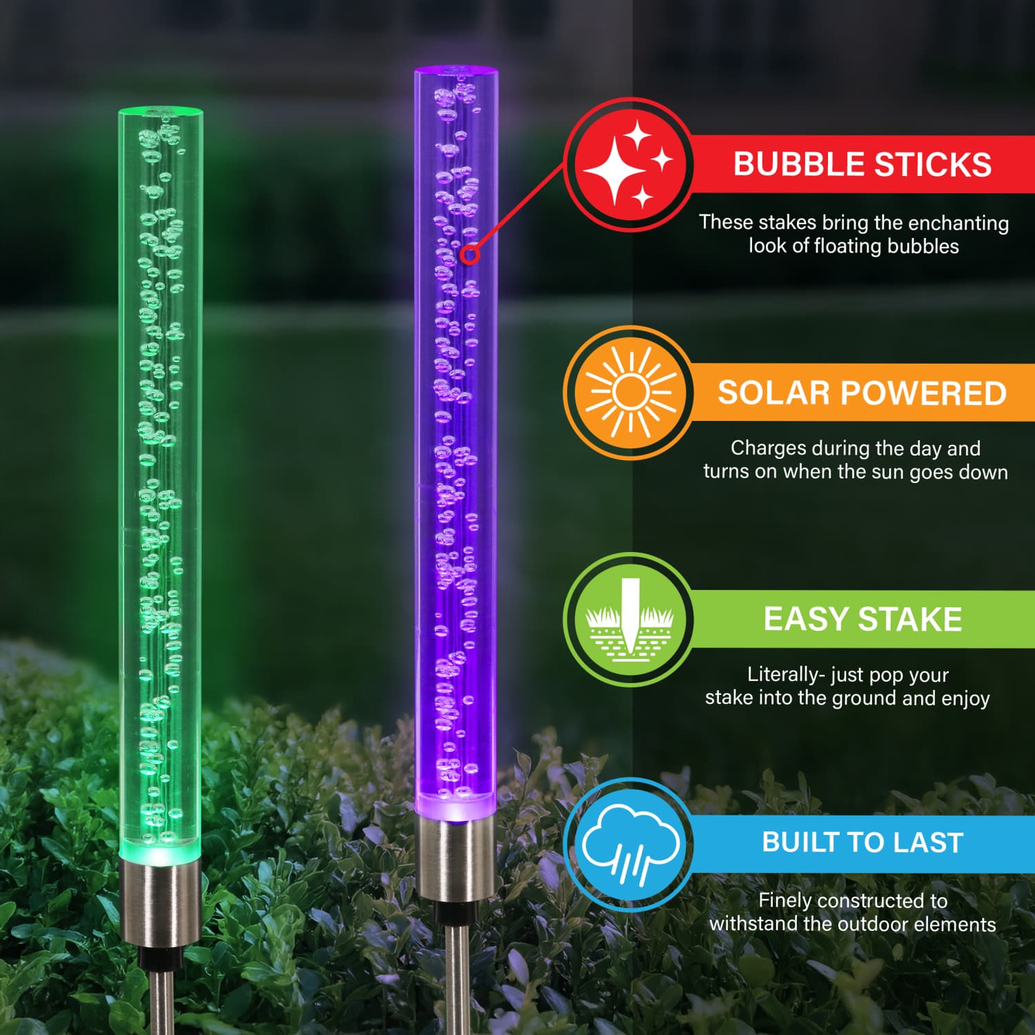 Two Solar Color Changing Acrylic Stationary Bubble Cylinder Garden Stake Set, 2.5 by 34 Inches | Shop Garden Decor by Exhart