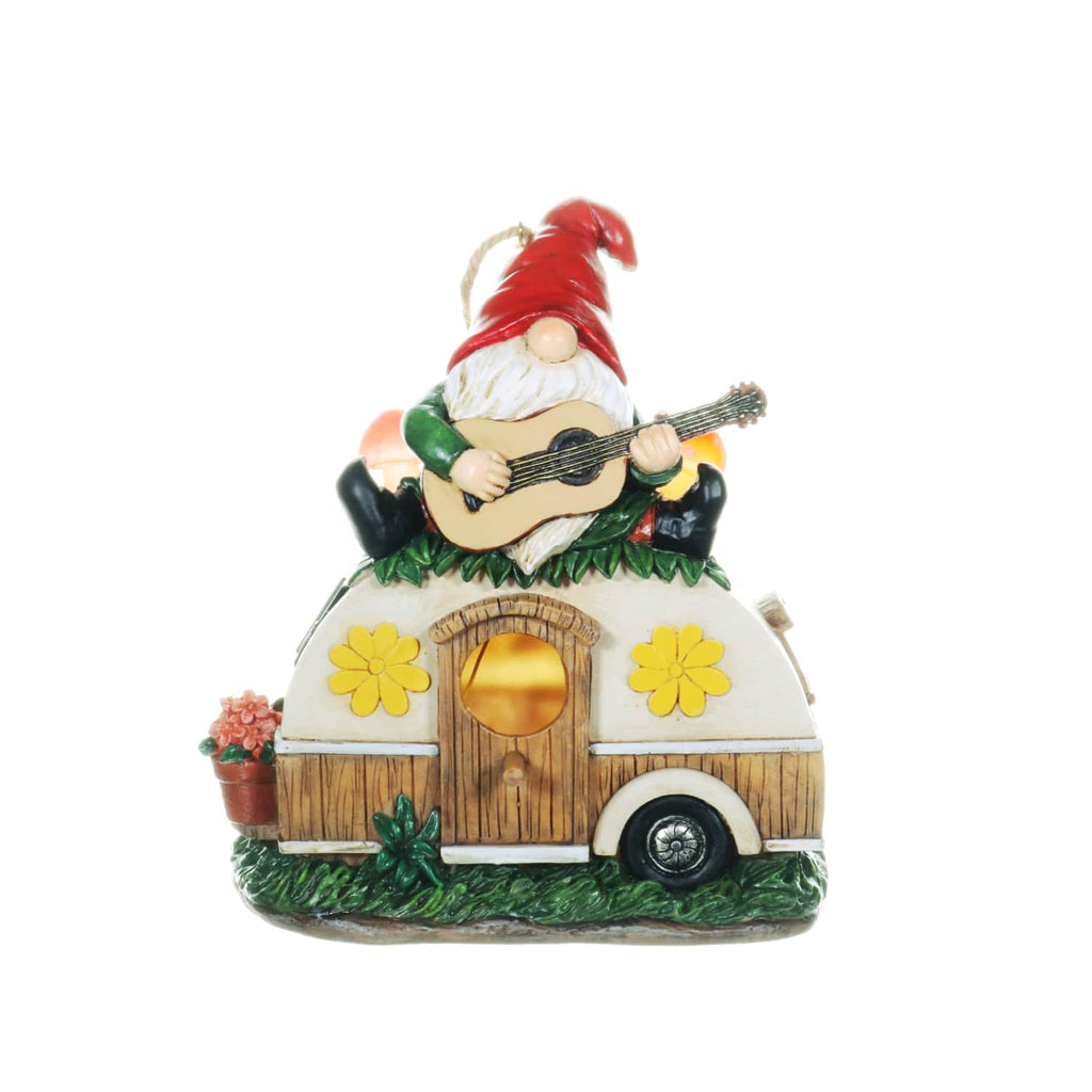 Solar Guitar Gnome on a Camper Hanging Bird House, 7.5 by 9 inches