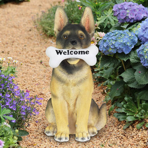 Solar German Shepherd Dog with LED Welcome Bone Garden Statuary, 14.5 Inch tall | Shop Garden Decor by Exhart