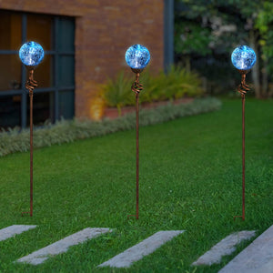 Solar Blue Crackle Glass Ball Garden Stake with Metal Finial Detail, 4 by 31 Inches | Shop Garden Decor by Exhart