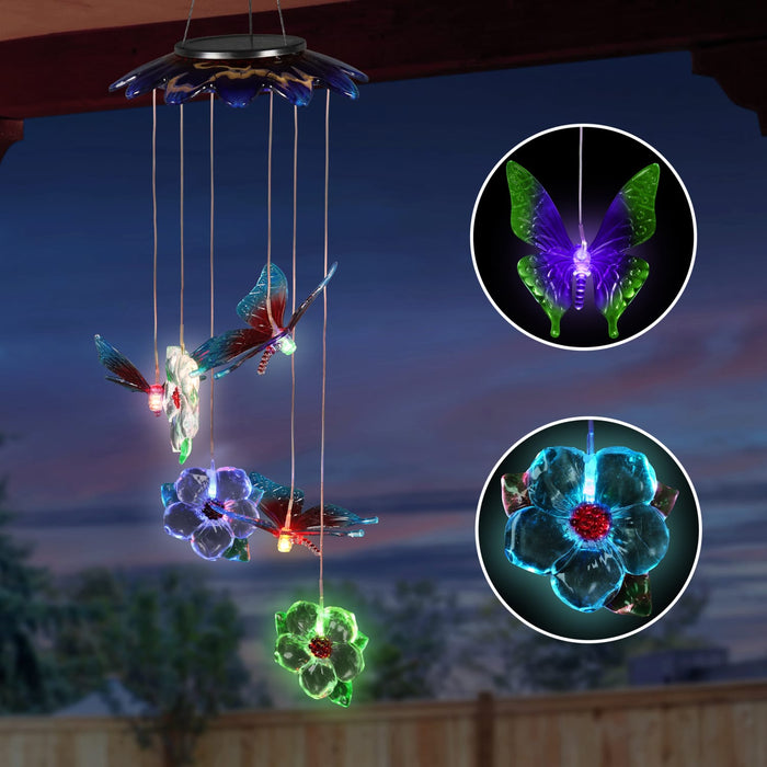 Solar Butterflies and Flowers Hanging Mobile with 6 Color Changing LEDs, 7 by 27.5