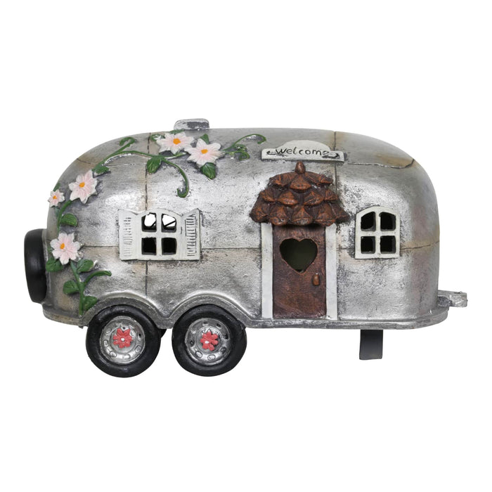 Solar Silver Camping Trailer Garden Statue, 6 Inch