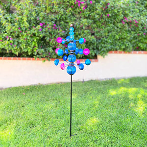 Three Tier Wind Spinner Garden Stake with Glass Crackle Balls in Blue, 14 by 48 Inches | Shop Garden Decor by Exhart