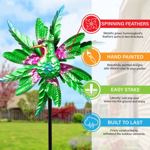 Metallic Green Kinetic Hummingbird Garden Stake with Double Spinning Feathers, 19 by 63 Inches | Shop Garden Decor by Exhart