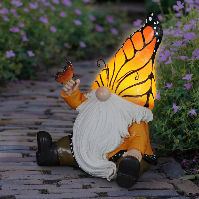 Solar Hand Painted Monarch Butterfly Hat Gnome Garden Statuary, 6 by 9 Inches