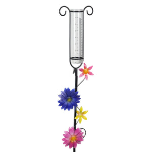 Glass and Metal Rain Gauge Garden Stake with Multicolored Hand Painted Pink, Blue, Yellow and Purple Flowers, 42 Inches | Exhart