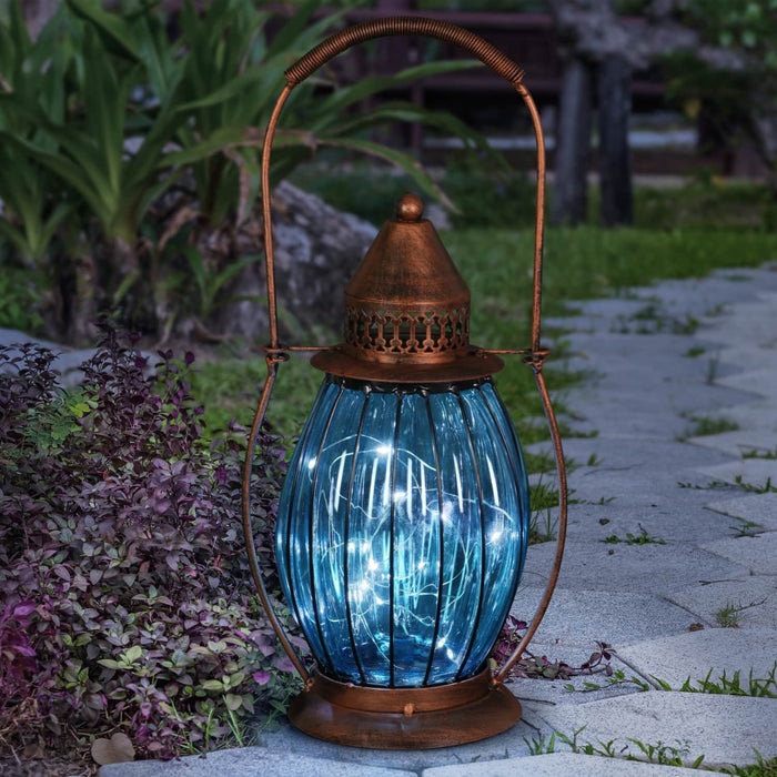 Solar Antique Metal and Sea Blue Glass Accent Lantern with Fifteen LED Firefly String Lights, 7 by 14 Inches