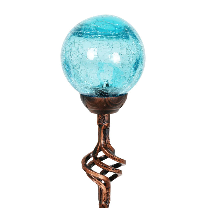 Solar Blue Crackle Glass Ball Garden Stake with Metal Finial Detail, 4 by 31 Inches