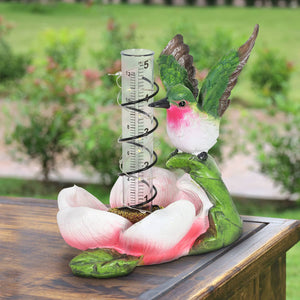Solar Rain Gauge on Pink Flower with Hummingbird Garden Statuary, 7 Inch | Shop Garden Decor by Exhart