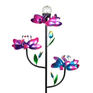 Triple Kinetic Flower Wind Spinner Garden Stake with Solar Color Changing Crackle Glass Ball, 21 by 70 Inches | Exhart