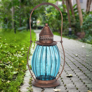 Solar Antique Metal and Sea Blue Glass Accent Lantern with Fifteen LED Firefly String Lights, 7 by 14 Inches | Exhart