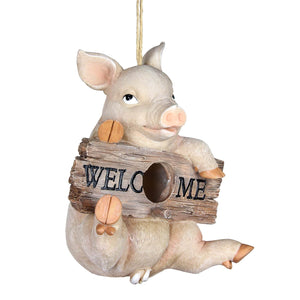 Hand Painted Pig with Welcome Sign Hanging Resin Bird House, 7 x 8.5 x 5.5 Inches | Shop Garden Decor by Exhart