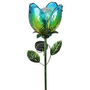 Blue Solar Flower Garden Stake Made of glass and metal, 6 by 36 Inches | Shop Garden Decor by Exhart