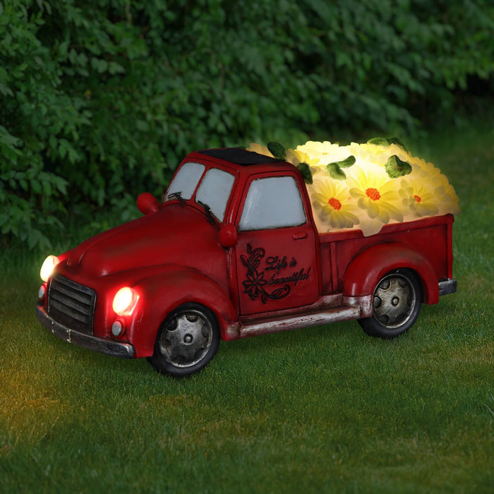 Solar Retro Red Truck with Yellow LED Sunflowers Garden Statuary, 5 Inch