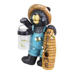 Solar Hand Painted Bear with a Lantern Jar of LED Bumblebees and a Welcome Beehive Garden Statue, 7.5 by 12.5 Inches | Exhart