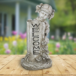 Solar Girl with Welcome Sign Statue in Natural Resin Finish, 17 Inch | Shop Garden Decor by Exhart