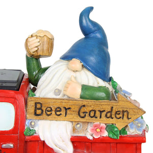 Solar Hand Painted Gnome on a Beer Garden Red Truck Statue, 10 by 7 Inches | Shop Garden Decor by Exhart