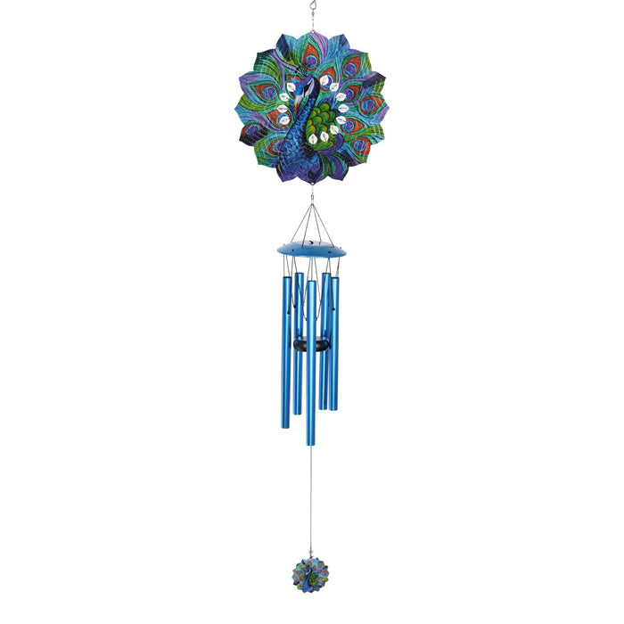 Art-In-Motion Laser Cut Metal Starburst Wind Chime Spinner with Beads and Peacock, 10 Inch Spinner