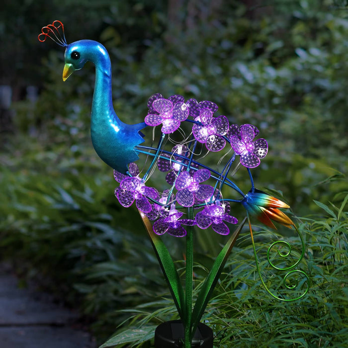 Solar Peacock Garden Stake with Spinning Flowers, 7 by 33 Inches