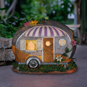 Solar Hand Painted Camping Trailer Statue with Lavender Awning, 5 by 6.5 Inches | Shop Garden Decor by Exhart